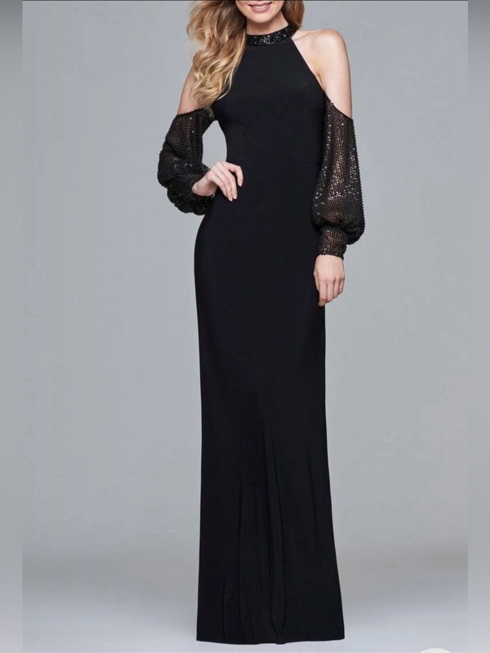 NWT Faviana Black Cold Shoulder Halter Jersey Evening Gown s10053 Size 10